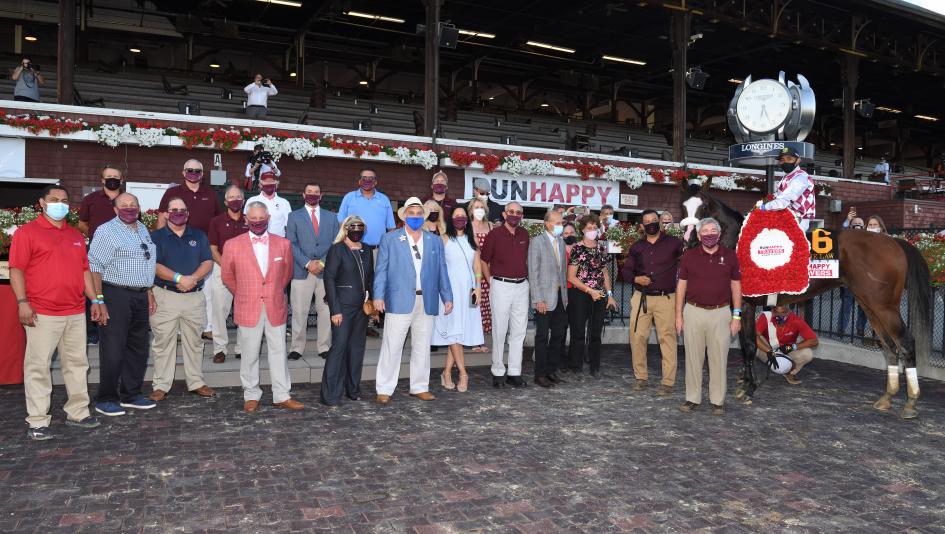 The members of Sackatoga Stable with Tiz the Law after winning the Runhappy Travers at Saratoga